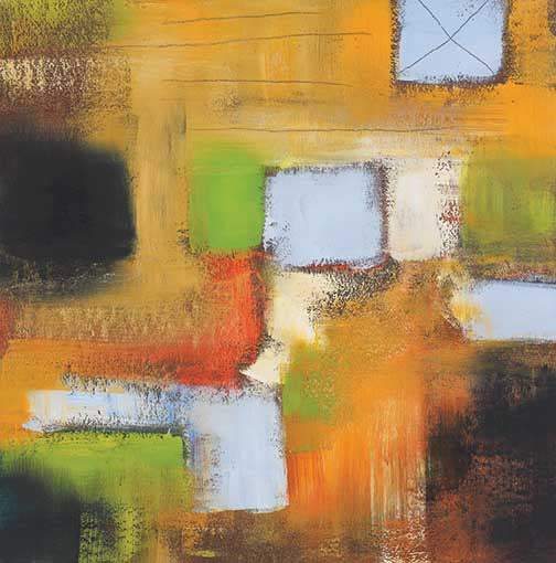 Colorful abstract painting with burnt orange, pale blue, and acid green, layered with smoky textures and gestural marks in rhythmic balance.