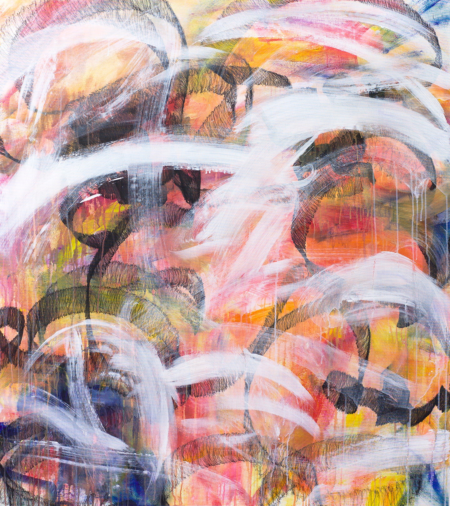 Abstract painting with sweeping white brushstrokes over black patterns, layered with orange, pink, yellow, and blue.