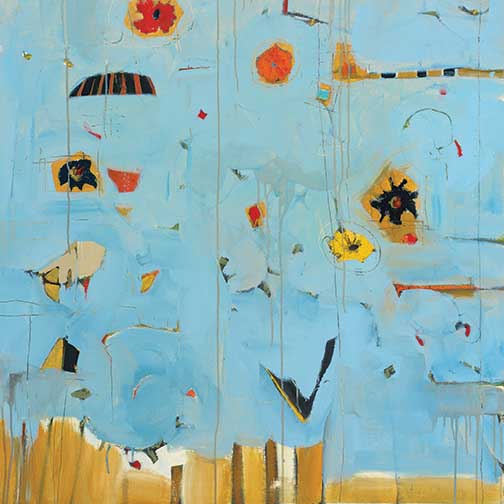 Vibrant floral abstraction with sky blues, golden yellows, and lively bloom shapes, evoking joy and modern energy.