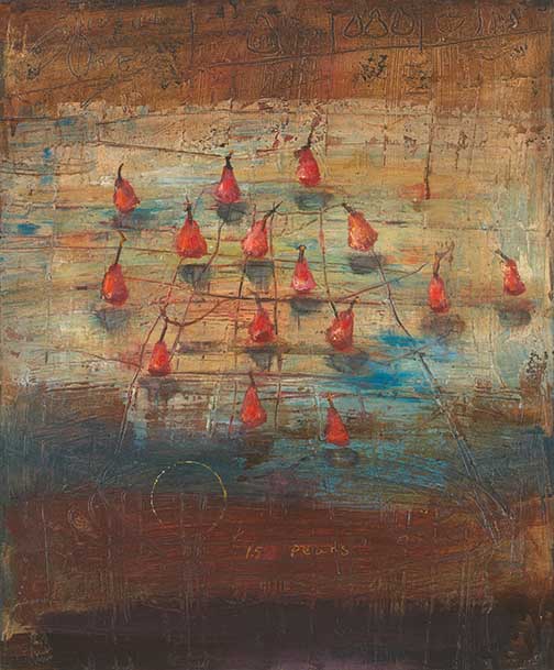 Abstract still life with 15 crimson pears suspended on a textured grid of ochre, teal, and rust—symbolic, surreal, and richly tactile.