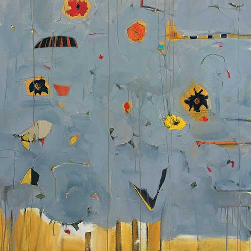 Playful abstract painting with golden textures, painterly drips, and colorful shapes on a misty blue background.