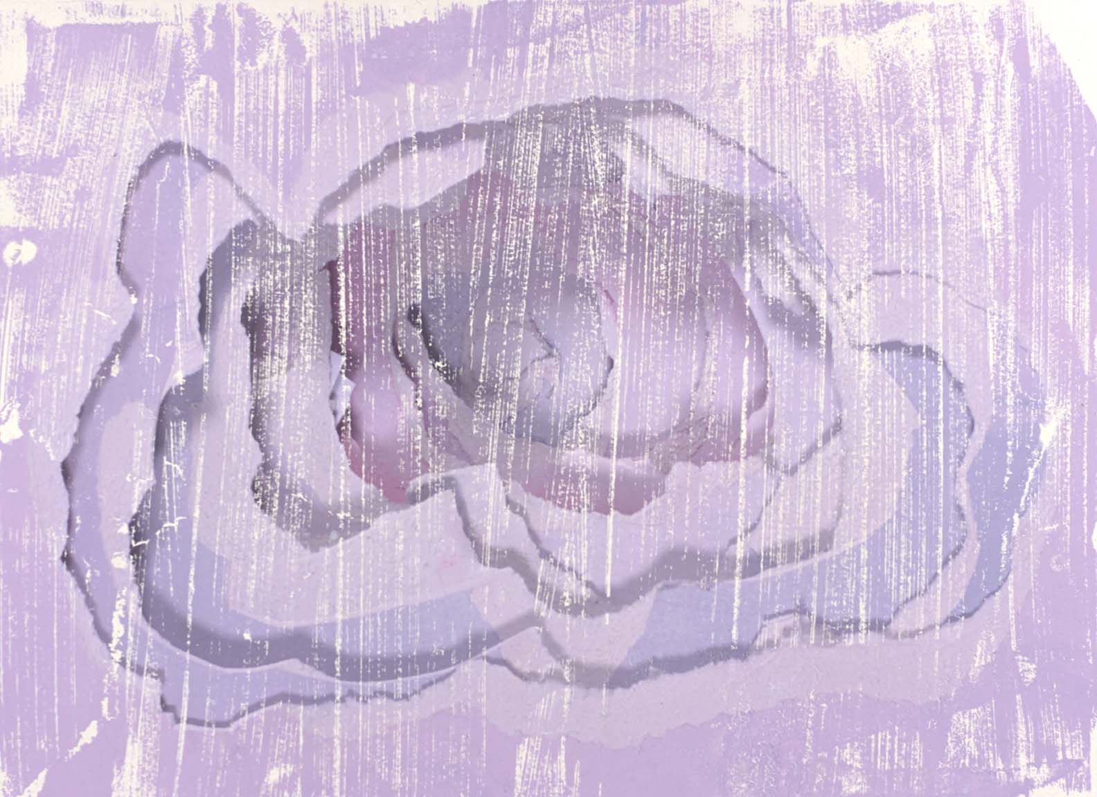 Abstract artwork with soft, layered shapes in lavender and pastel hues overlaid with subtle textures, creating a dreamy, harmonious composition.