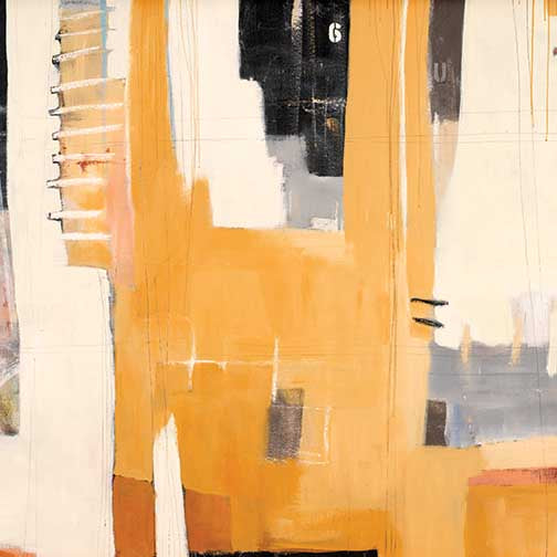 Apple Factory abstract painting with ochre, cream, and charcoal blocks, intersected by fine linework and layered textures, bold and architectural.