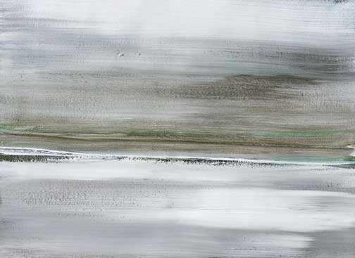 Tranquil abstract painting with soft horizontal strokes in muted greys, taupes, and off-whites, radiating minimalist elegance and serenity.