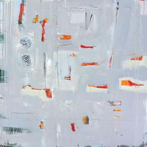 Color pop abstract art with gray layers and bright red, orange, and gold accents.