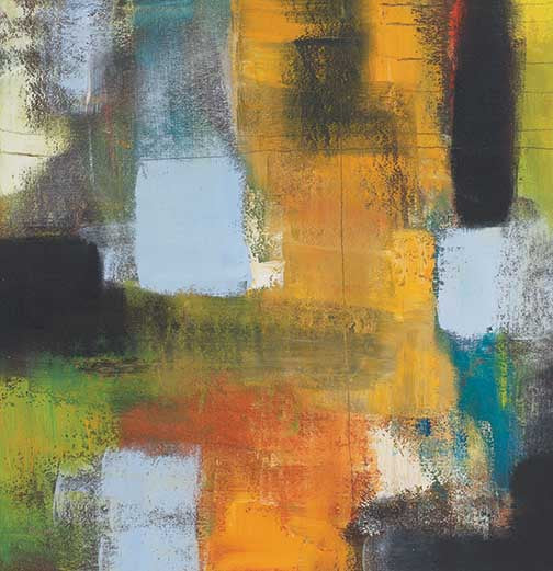 Colorful abstract artwork with blocks of sky blue, burnt orange, moss green, and smoky black, layered with painterly texture and depth.