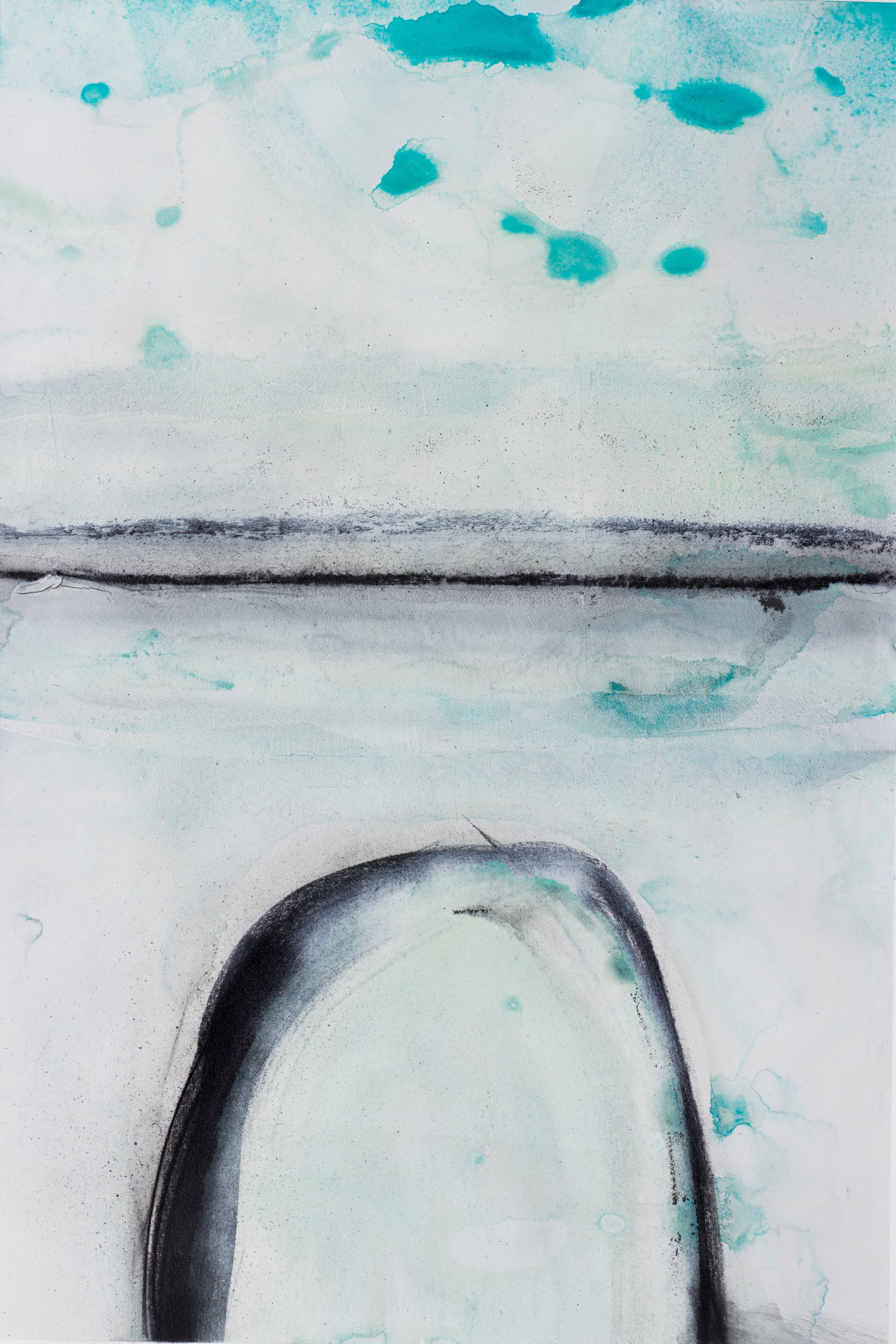 Minimalist abstract watercolor landscape with gentle textures, turquoise accents, and graceful charcoal lines inspired by water and sky.