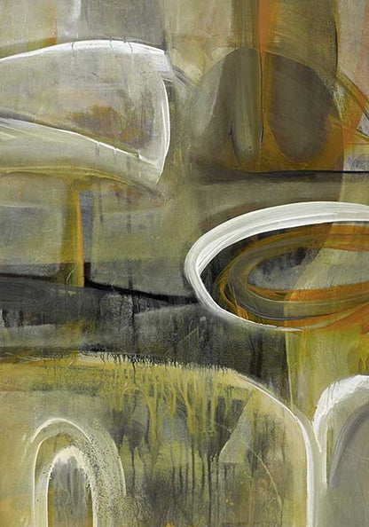 abstract painting with olive green, ochre, and bold white gestures, part of a complementary set