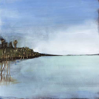 Serene abstract landscape with cool blues, misty sky, and blurred shoreline