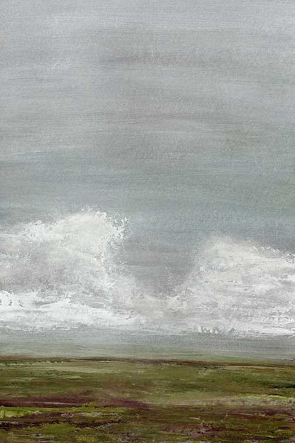 atmospheric landscape painting with muted green tones, sweeping clouds, and soft horizon