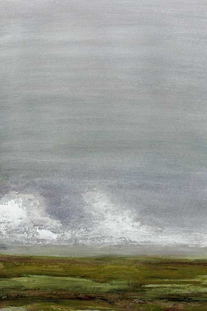 atmospheric landscape with muted greens, cloud formations, and soft horizon