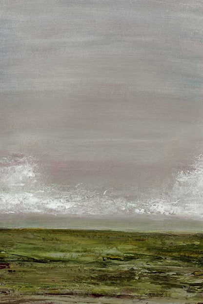atmospheric landscape painting with soft clouds and muted green tones