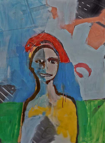 surreal figurative artwork with red headpiece and aquatic color palette, part of a two-piece set