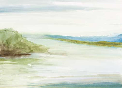 Minimal abstract landscape art with soft washes of green, blue, and ivory suggesting calm water and land