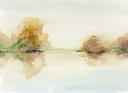 Reflective abstract landscape art with soft earth tones, blurred autumnal trees, and a mirrored water scene