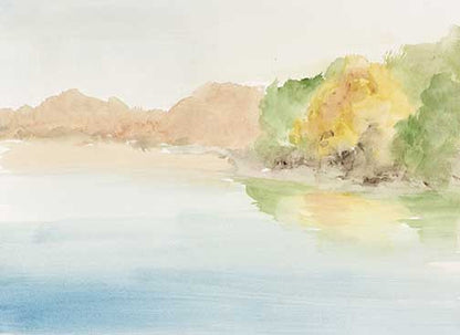 Serene abstract shoreline painting with soft washes of ochre, green, and rose reflecting across calm water