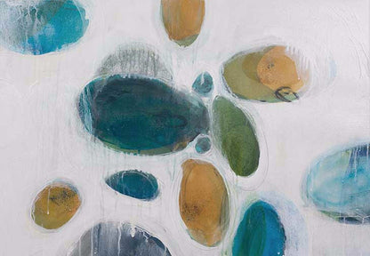 Organic abstract oval artwork with layered ovals in teal, ochre, moss, and seafoam on a pale background