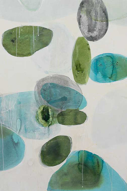 Contemporary abstract oval painting with translucent teal, sage, and graphite ovals on a pale background