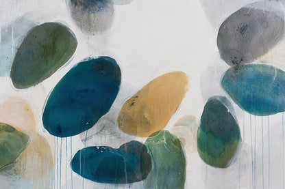 Serene organic abstract painting with translucent teal, ochre, olive, and graphite forms drifting on a misty white backdrop