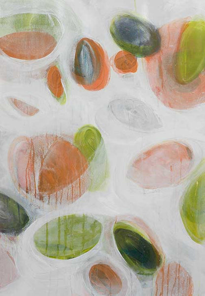 Organic abstract nature painting with layered shapes in orange, green, and gray with soft drips and translucent textures