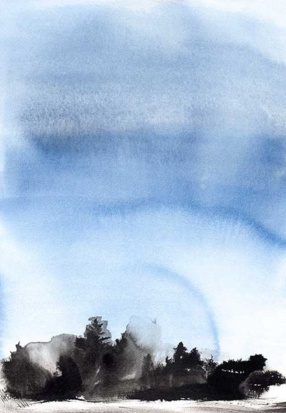 Atmospheric watercolor landscape painting with soft blue washes and abstract black silhouettes in a minimalist, contemporary style

