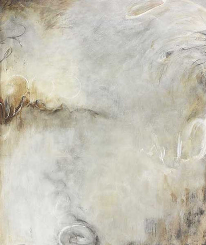 Subtle abstract painting in ivory, taupe, and grey with delicate brushwork and ethereal texture