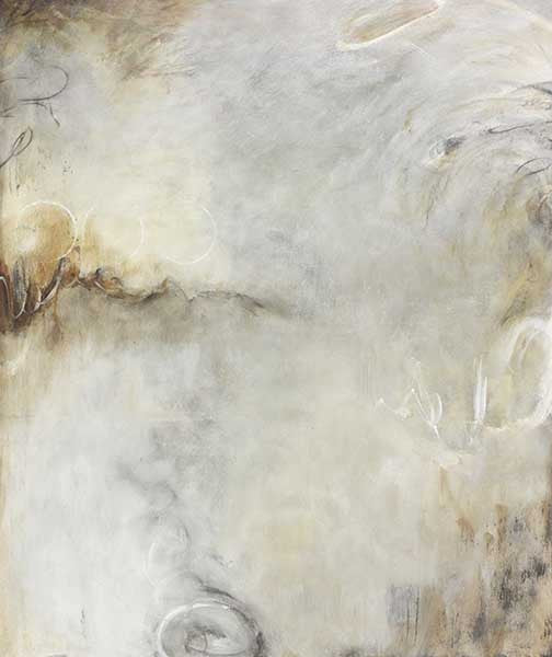 Subtle abstract painting in ivory, taupe, and grey with delicate brushwork and ethereal texture