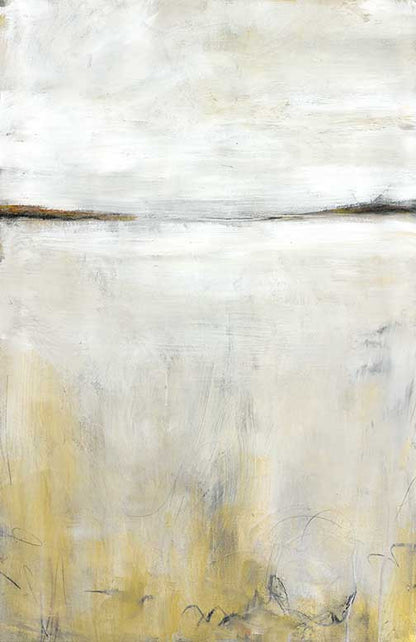Serene abstract landscape painting with muted ivory, beige, and ochre in minimal, expressive brushstrokes

