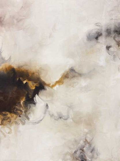 Elegant abstract painting with swirling ivory, amber, and grey in soft, fluid brushwork