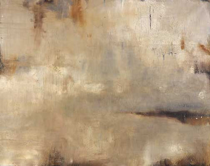 Moody abstract painting with taupe, grey, and amber in refined, atmospheric textures

