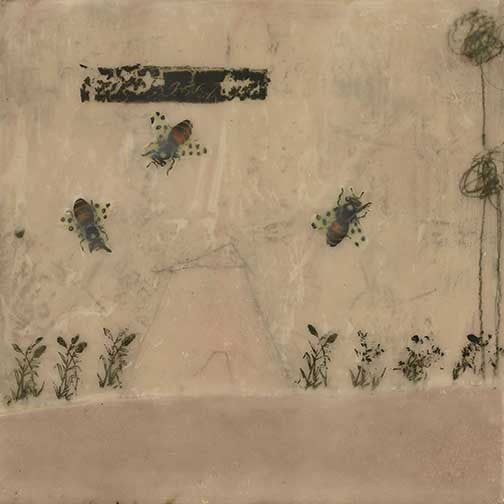 Charming mixed-media artwork with bee illustrations, botanical motifs, and earth tones

