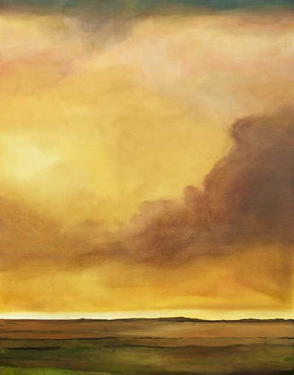 Atmospheric landscape painting with golden sky, amber clouds, and earthy horizon