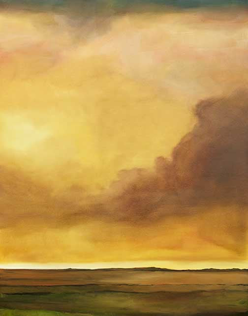 Atmospheric landscape painting with golden sky, amber clouds, and earthy horizon
