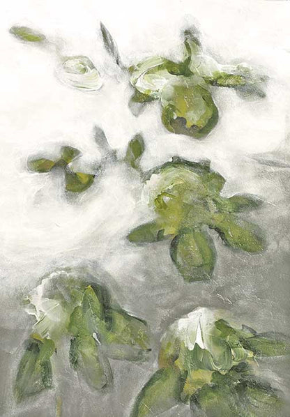 Elegant abstract botanical painting with soft green florals on a misty white background