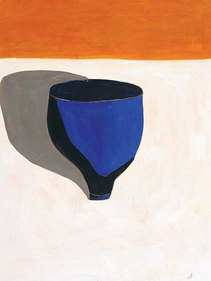 Minimalist still life with deep blue vessel casting shadow on white and orange background