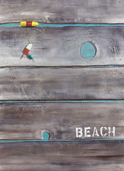 Rustic coastal artwork featuring weathered wooden planks, vintage fishing bobbers, and turquoise accents with stenciled “BEACH” text