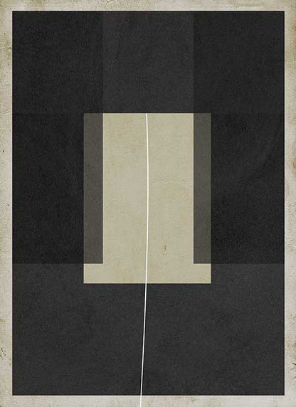 Geometric abstract artwork with overlapping taupe and charcoal rectangles, bisected by a thin white line, creating stillness and quiet complexity