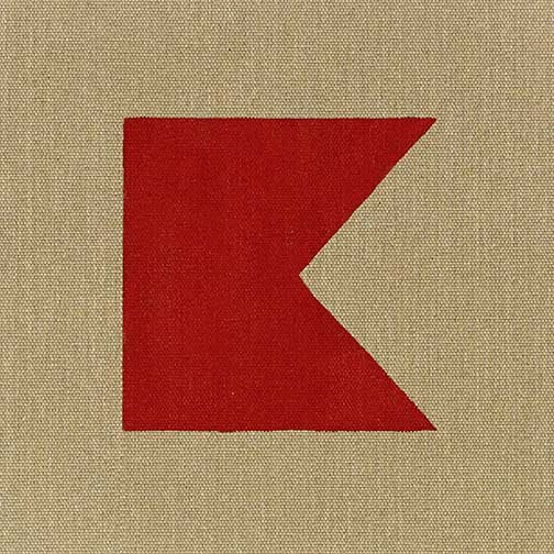 Minimalist abstract with a bold red geometric form on raw canvas, blending modernist precision with subtle maritime influence