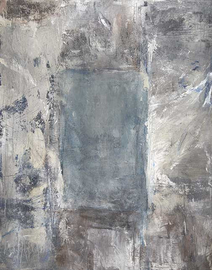 Minimal abstract artwork in soft greys and blues with muted textures, creating an ethereal, layered, and contemplative atmosphere