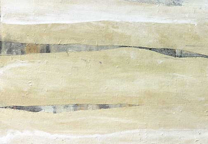 Minimal abstract landscape painting with sand-toned layers and subtle linear cuts, evoking calm, continuity, and meditative texture