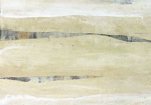 Minimal abstract landscape painting with sand-toned layers and subtle linear cuts, evoking calm, continuity, and meditative texture