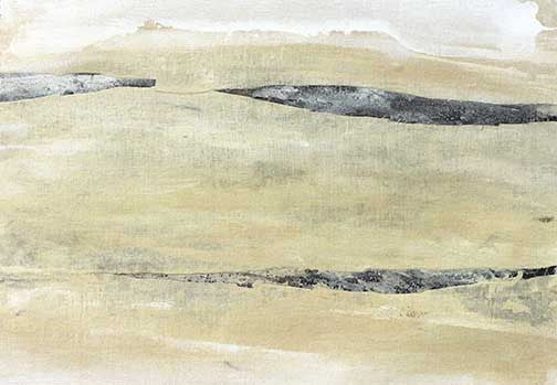 Abstract painting with soft layers of sand, ivory, and slate tones, evoking subtle movement, stillness, and natural rhythm