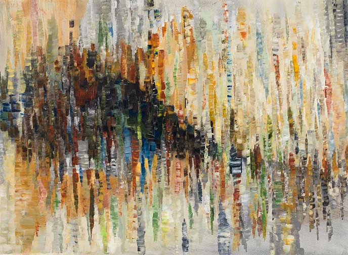 Chroma Wave I abstract painting with layered vertical strokes in amber, slate, and emerald, creating a vivid wave-like rhythm and immersive texture.