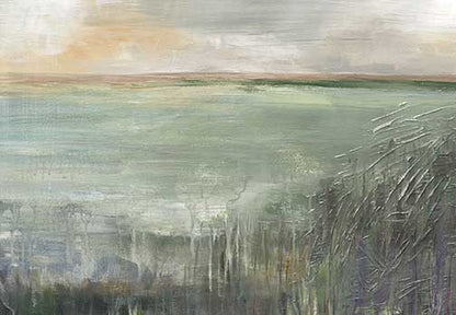 CLORON abstract landscape painting with muted greens and silvery grays, evoking horizon, sky, stillness, and serene atmosphere.