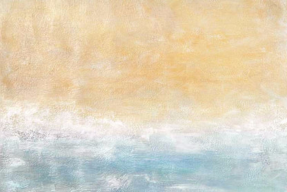 Serene coastal abstract painting with sun-washed gold fading into misty blue, textured and luminous, evoking warmth on water.
