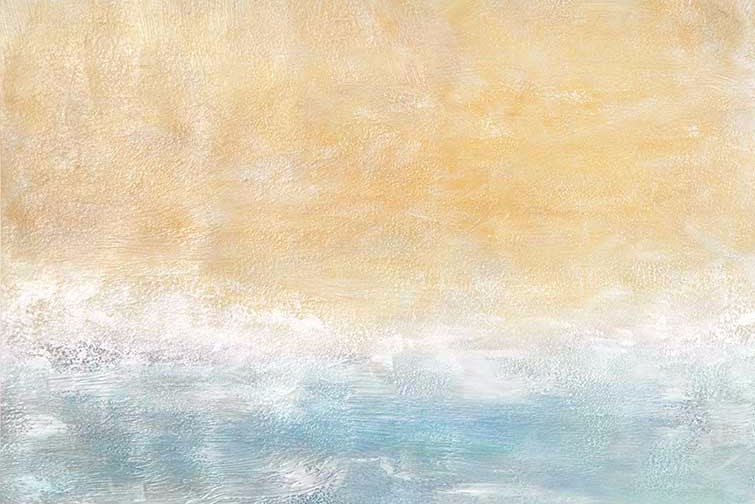 Serene coastal abstract painting with sun-washed gold fading into misty blue, textured and luminous, evoking warmth on water.