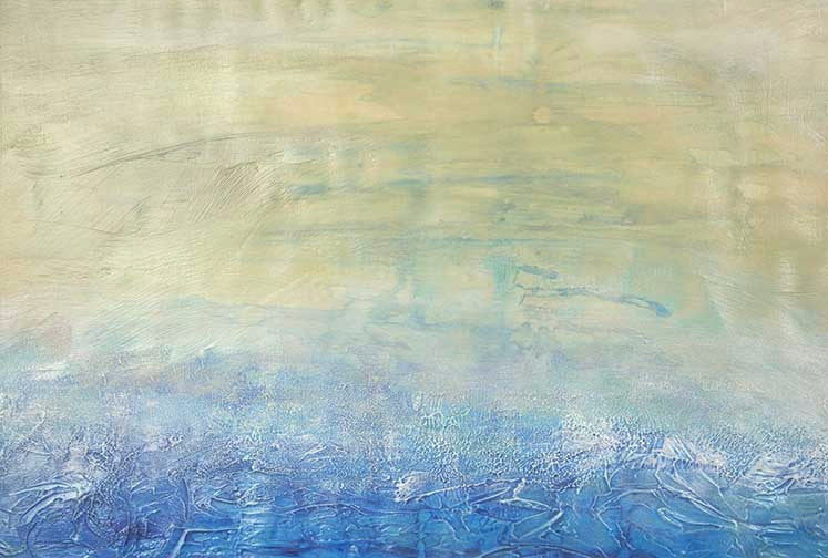 Bold abstract painting with deep cobalt rising into soft gold, richly textured and layered to evoke ocean depth and airy calm.