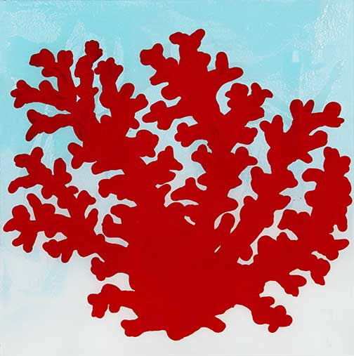 Red coral silhouette artwork on dreamy aqua background, bold, vibrant, tropical, and modern coastal in style.