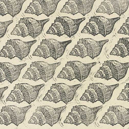 Conch shell pattern artwork in vintage etching style with coastal charm, blending rhythmic repetition, texture, and timeless seaside elegance.