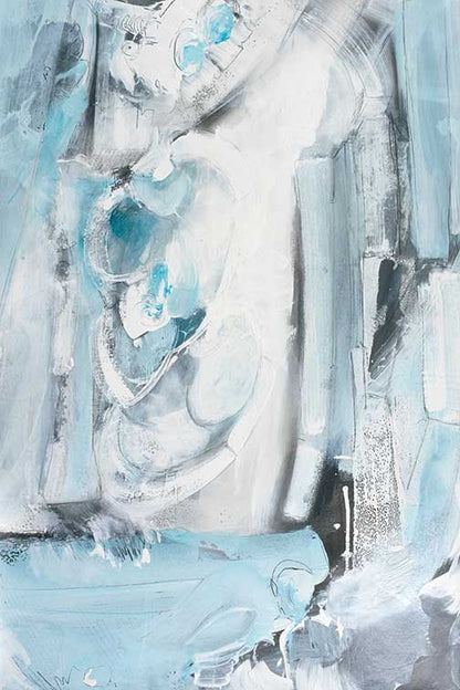 Glacial abstract painting with icy blues, chalky whites, and shadowy grays, sculpted with raw texture to evoke motion, form, and untamed energy.